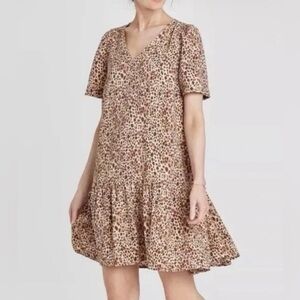 a new day Women's  Shift Dress XXL Brown Leopard Print Short Sleeve Summer Wear